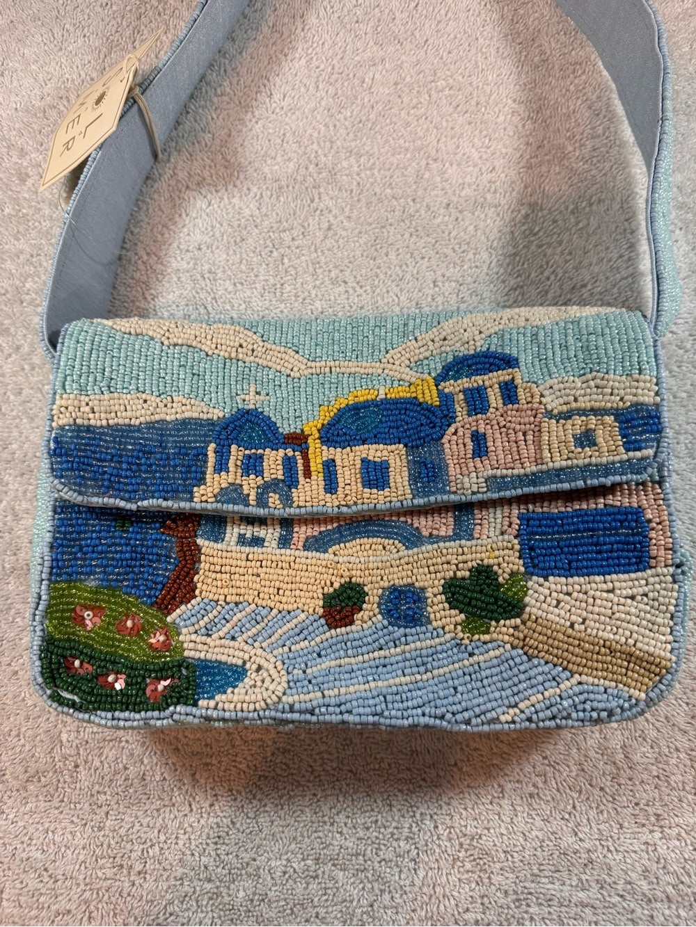 Sol and Mer Hand-Beaded Greece Mediterranean Scenic Shoulder Bag in Light Blue